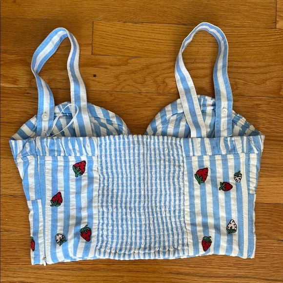 Maeve Striped Blue and White Crop Top with Strawberry Print - Picture 2 of 5